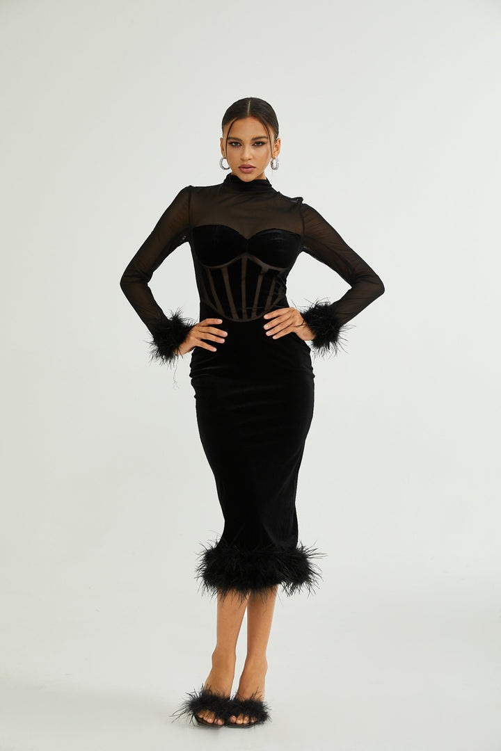 Levoire | Avec Des Plumes Velours Midi Robe