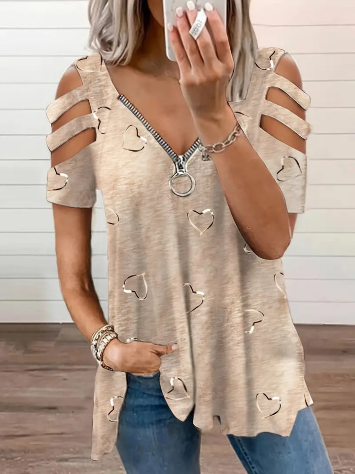 Levoire | T-Shirt Manches Courtes Motif Cœur Décolleté V Kaki