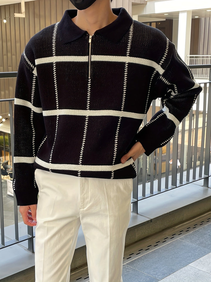 Levoire | Pull Homme À Carreaux Avec Demi-Zip Noir
