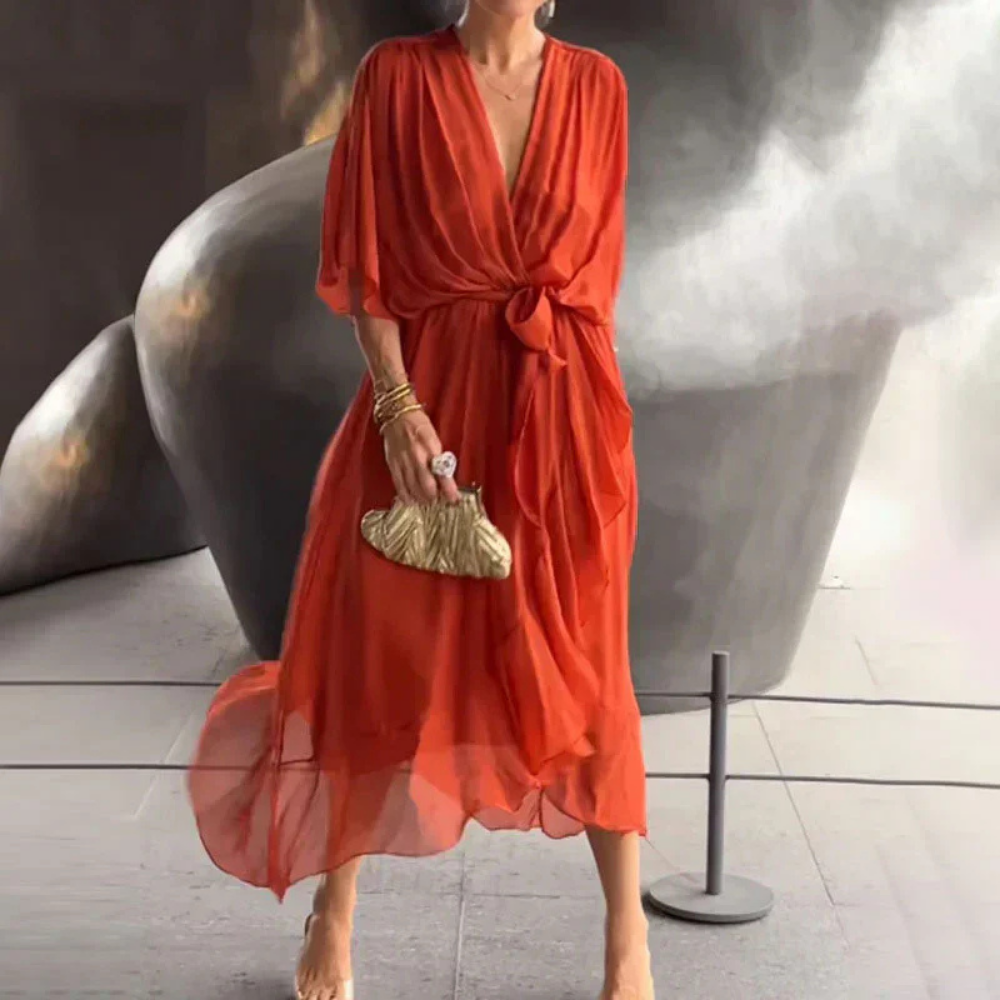 Levoire | Robe Midi Fluide Avec Ceinture À La Taille Orange