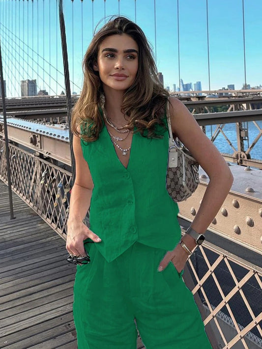 Levoire | Ensemble Deux Pièces Sans Manches Pour Femme - Boutonné Vert