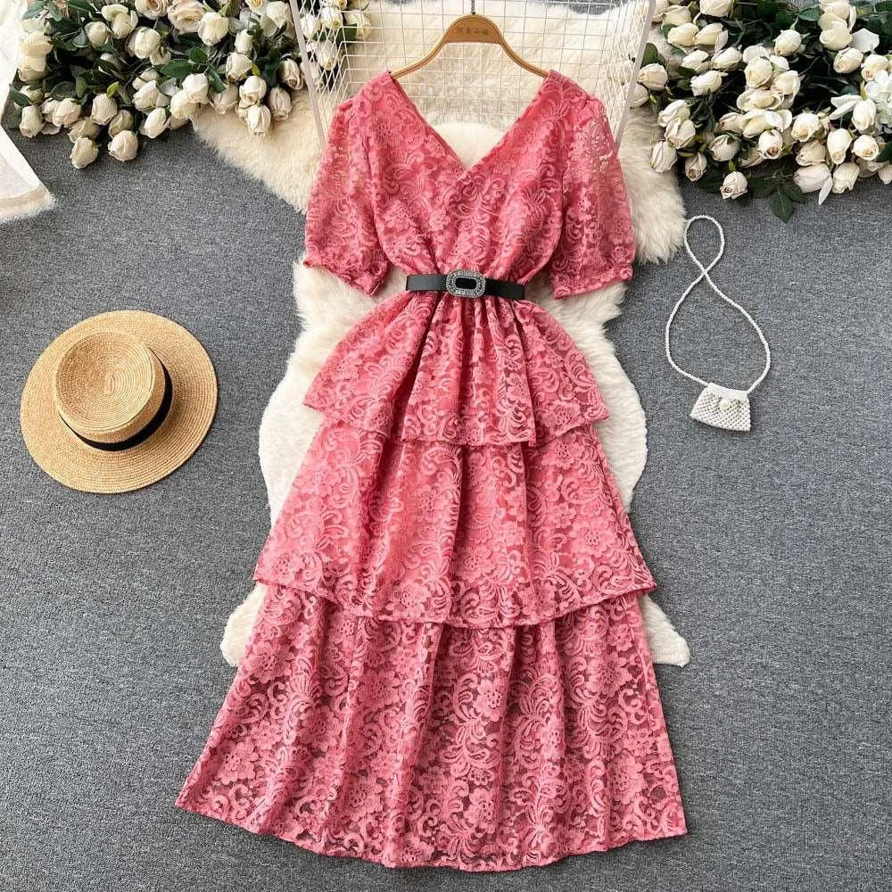 Levoire | Robe V couleur et cordon à la taille pour femmes Rosa Une taille