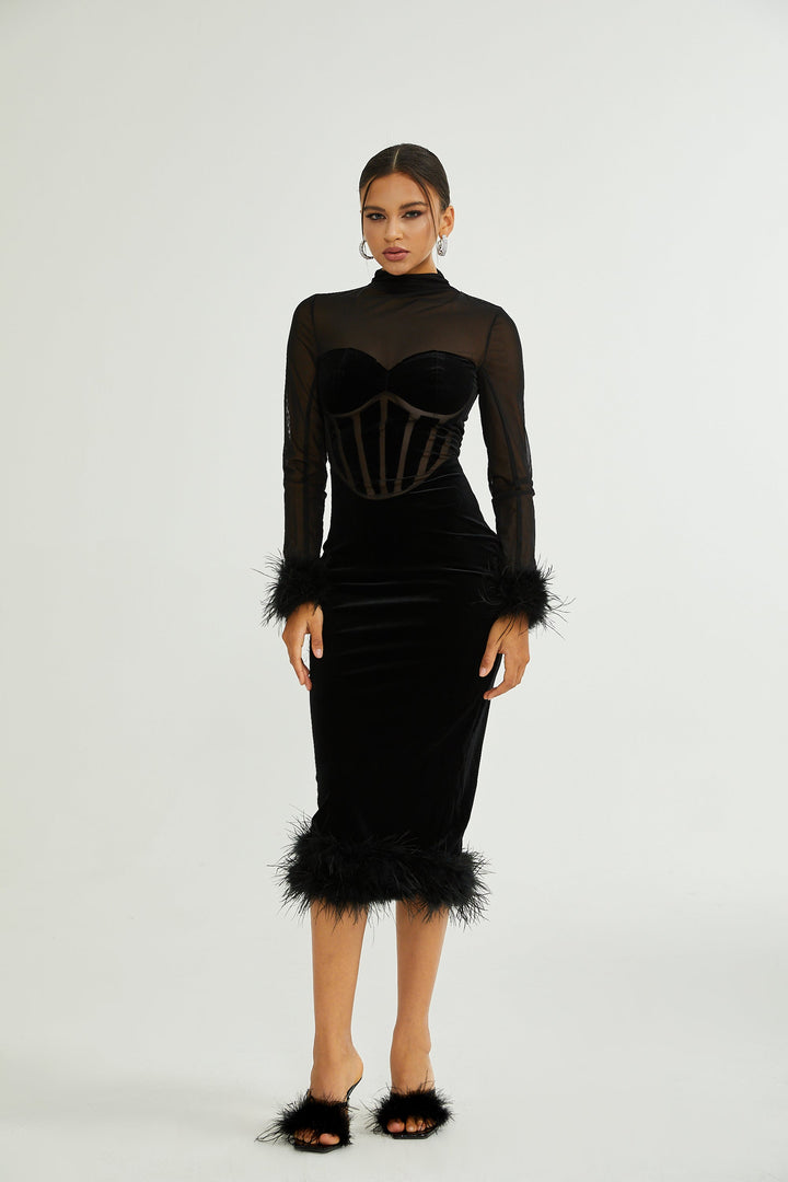 Levoire | Avec Des Plumes Velours Midi Robe