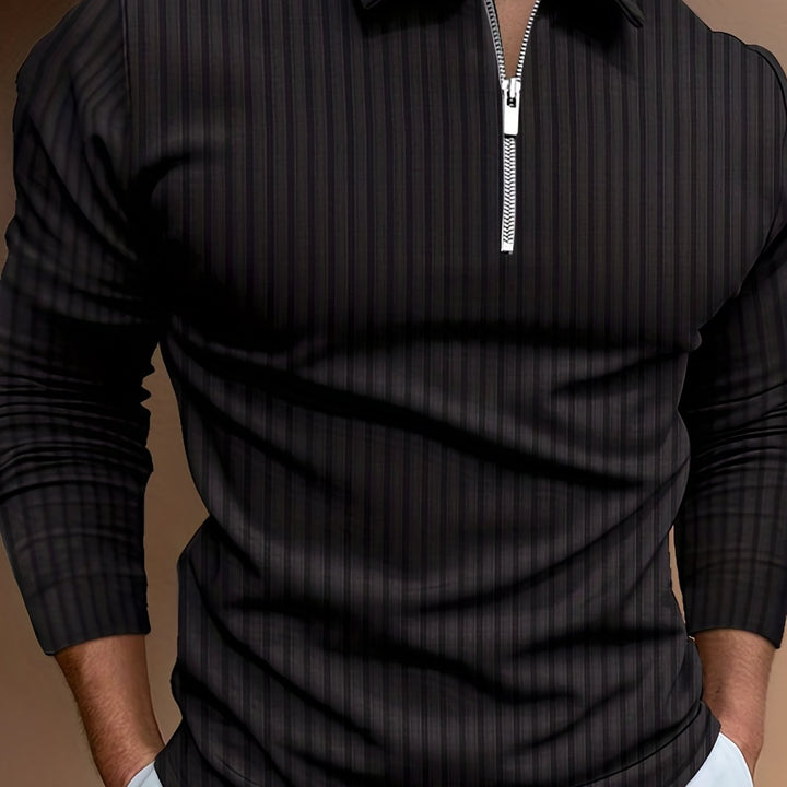 Levoire | Rayures Verticales Chemise Pour Hommes Avec Zip Et Manches Longues Noir