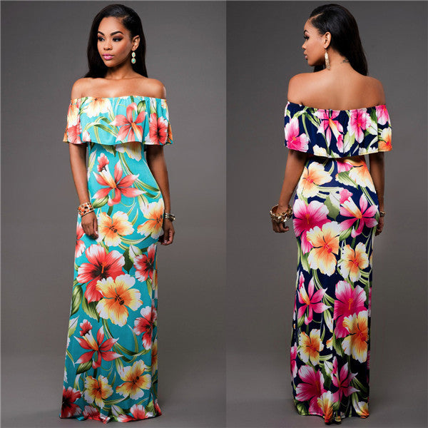 Robe maxi pour femmes avec décolleté bardot et motifs floraux Levoire