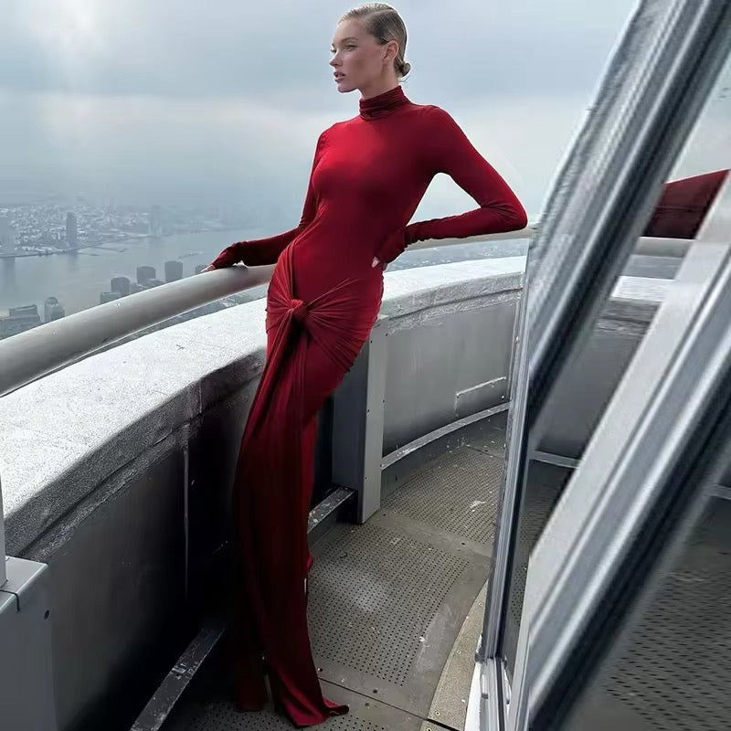 Levoire | Robe Maxi Marron À Manches Longues Avec Détail En Nœud Rot