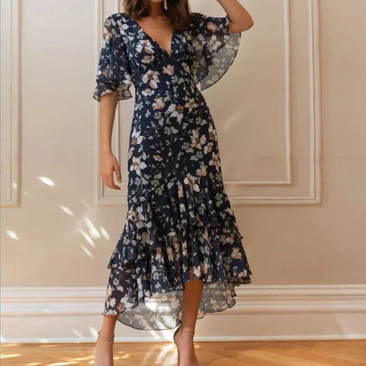 Levoire | Élégante Robe Midi Avec Décolleté En V Et Design Floral