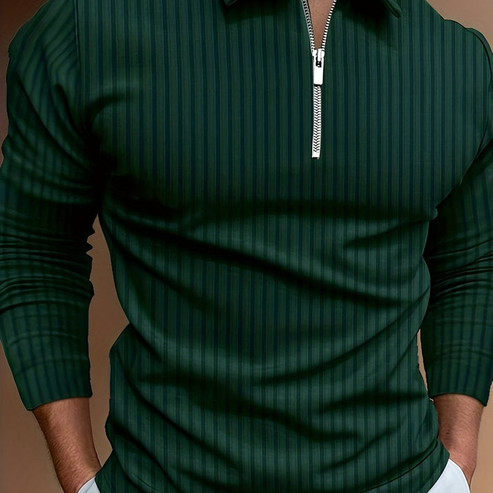 Levoire | Rayures Verticales Chemise Pour Hommes Avec Zip Et Manches Longues Vert foncé