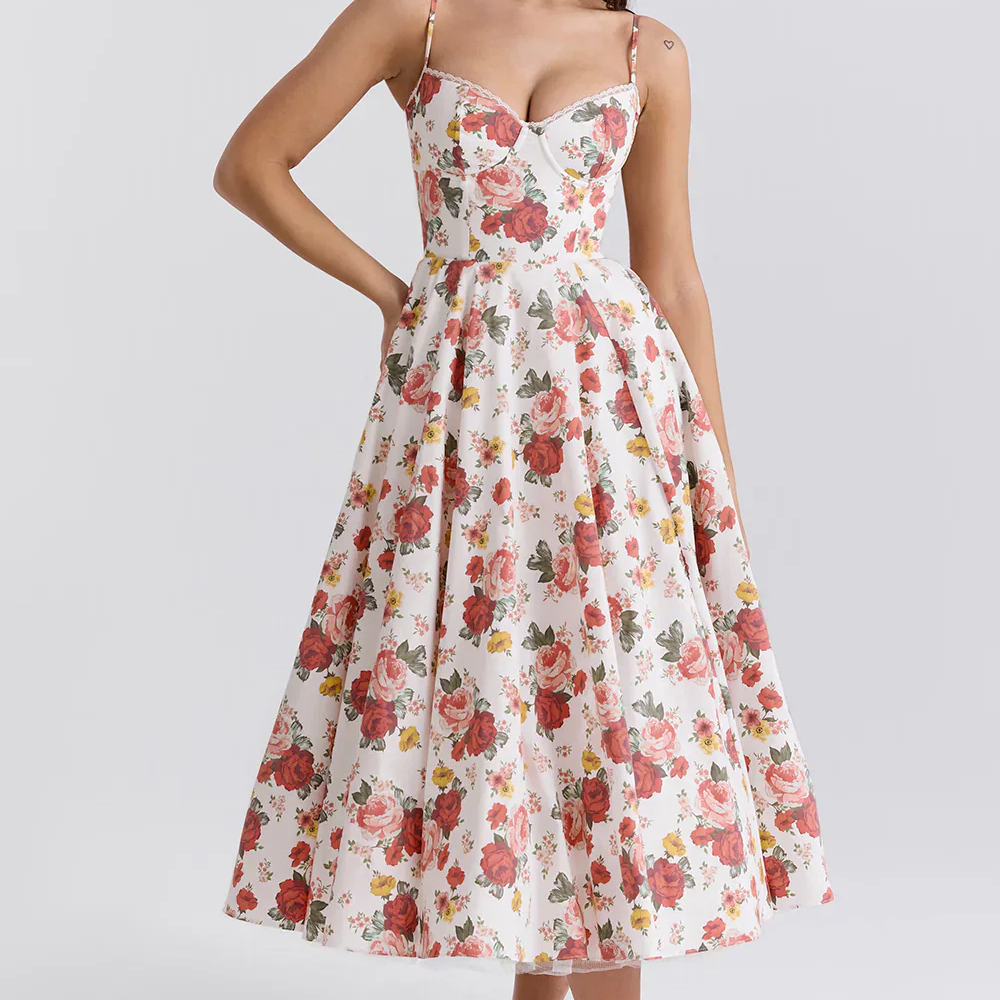 Levoire | Robe Midi Florale Féminine Avec Haut À Corset Blumenrot