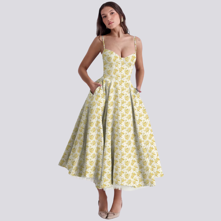 Levoire | Robe Midi Avec Corsage Floral Pour Femmes Bleu Jaune