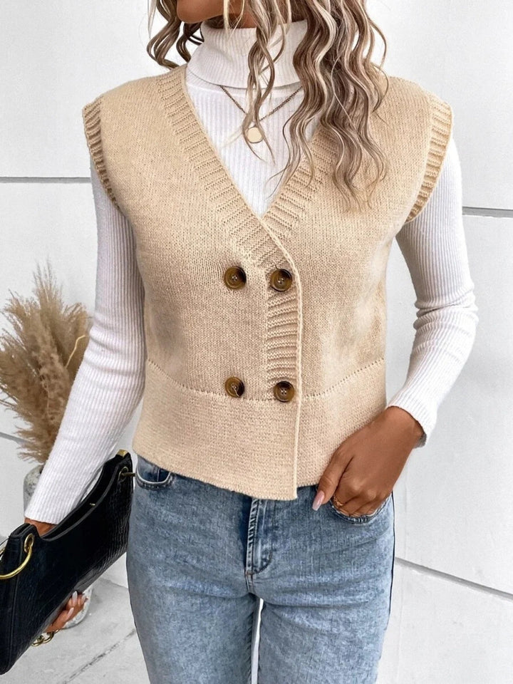 Levoire | Pull Sans Manches Confortable En Tricot Col V Avec Boutons Beige
