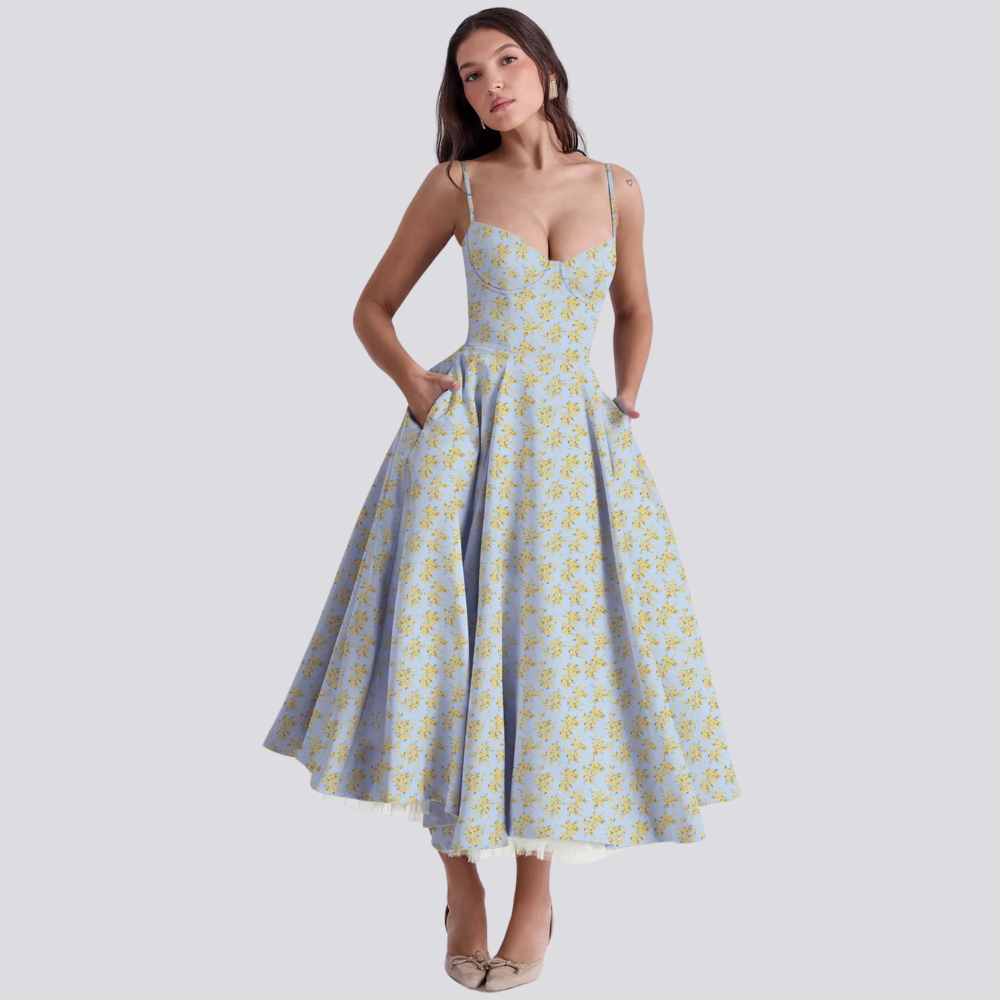 Levoire | Robe Midi Florale Féminine Avec Haut À Corset Jaune fleuri