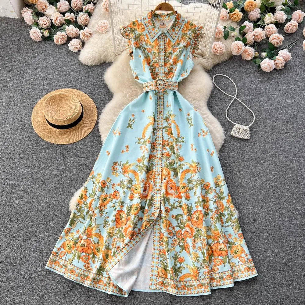 Levoire | Robe femme en ch chiffon imprimé à manches courtes Bleu
