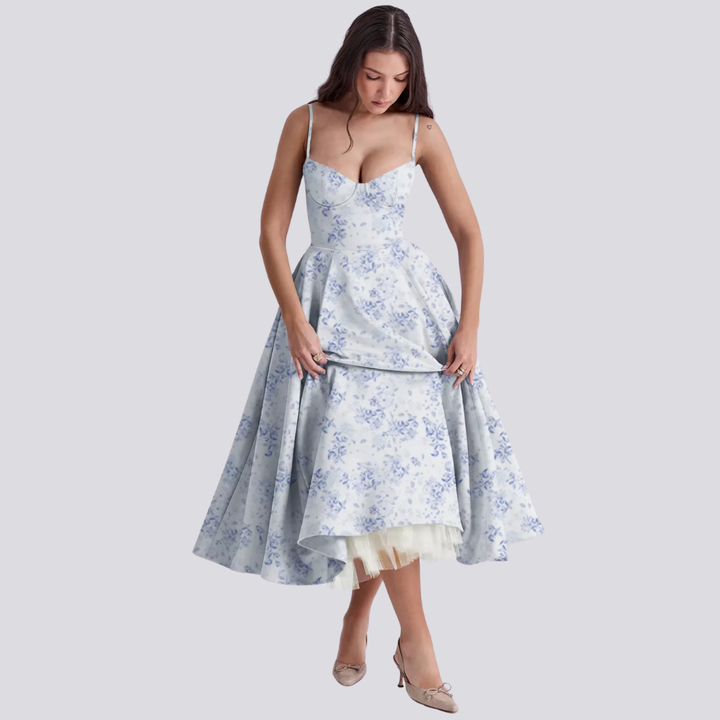 Levoire | Robe Midi Avec Corsage Floral Pour Femmes Blumenblau