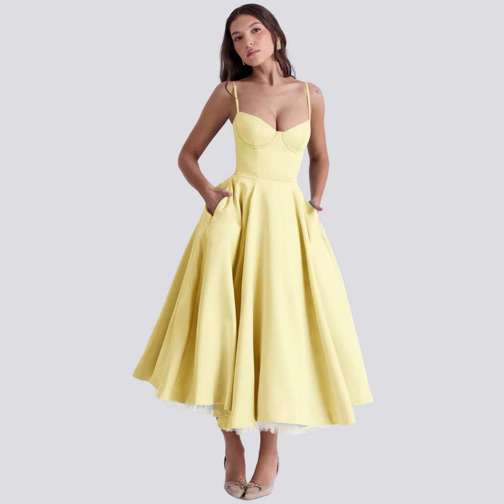 Levoire | Robe Midi Florale Féminine Avec Haut À Corset Jaune