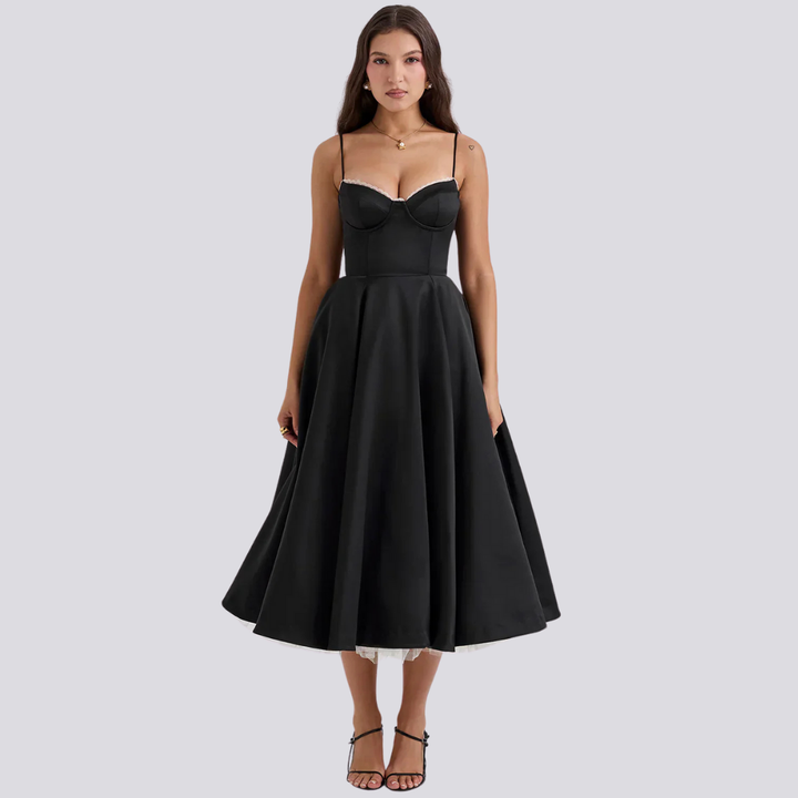 Levoire | Robe Midi Florale Féminine Avec Haut À Corset Noir