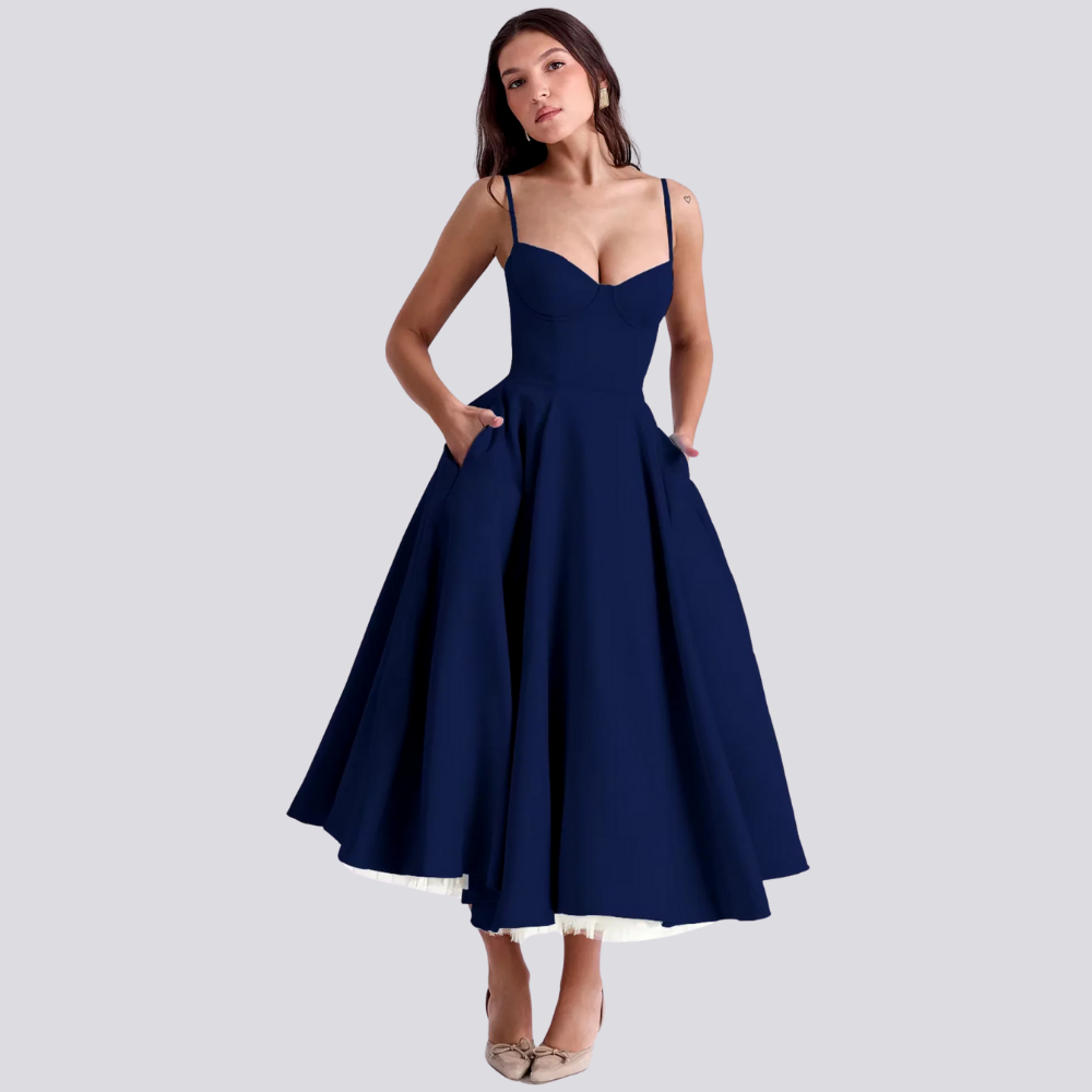 Levoire | Robe Midi Florale Féminine Avec Haut À Corset Bleu marine
