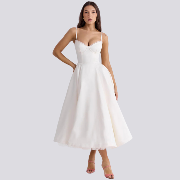 Levoire | Robe Midi Florale Féminine Avec Haut À Corset Blanc
