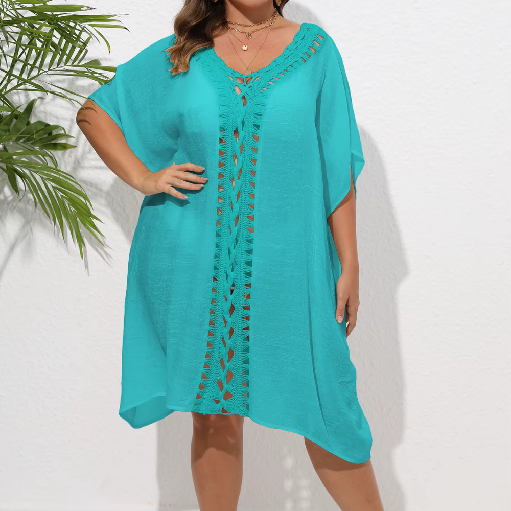 Levoire | Kaftan De Plage Aéré Avec Détails En Crochet Élégants Bleu turquoise Une taille