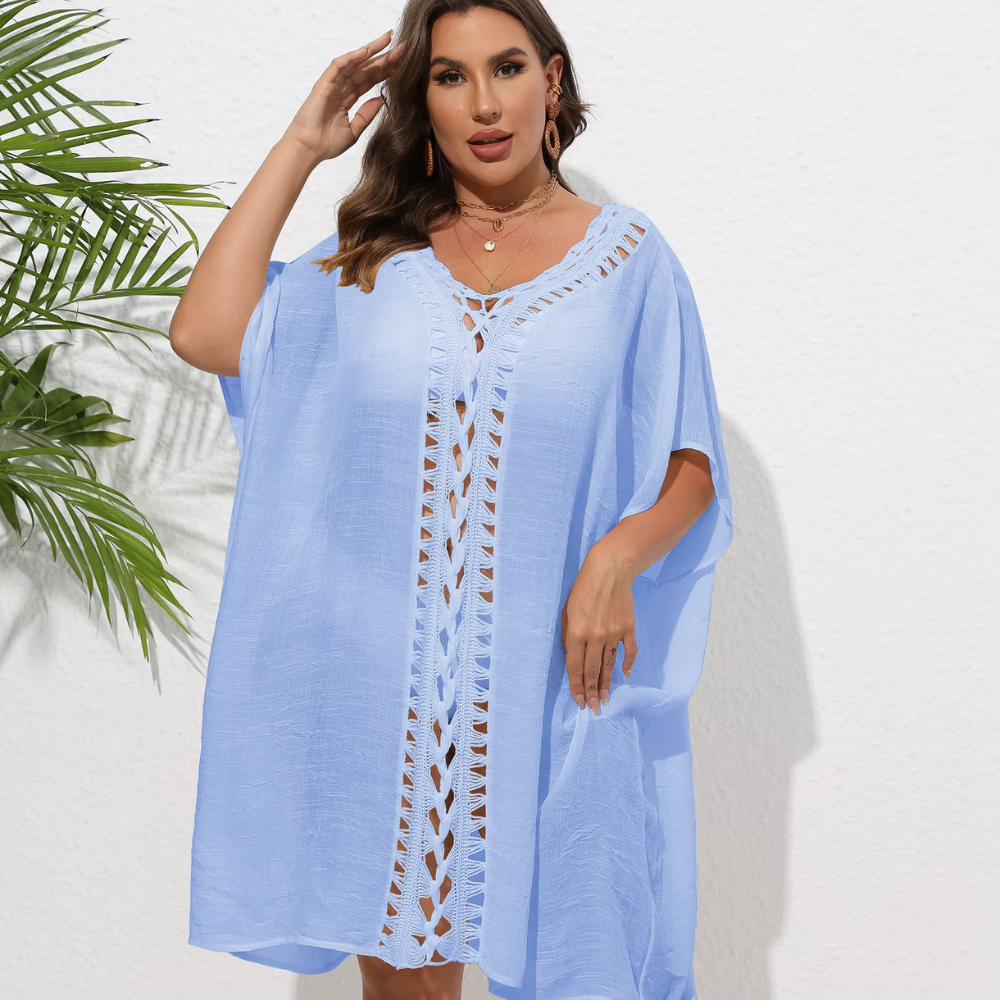 Levoire | Kaftan De Plage Aéré Avec Détails En Crochet Élégants bleu ciel Une taille