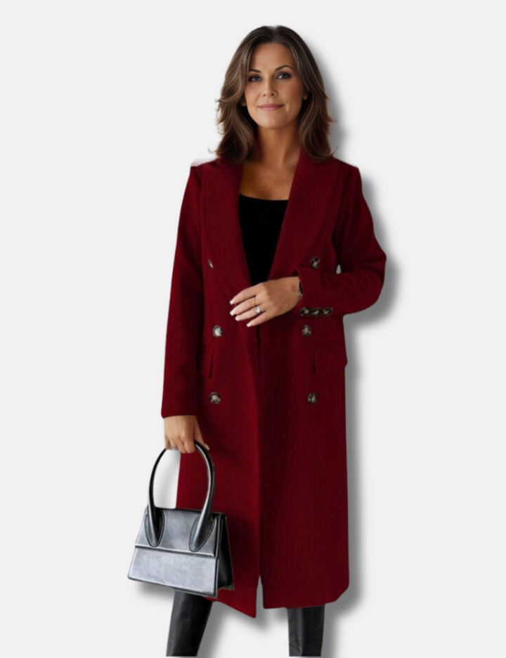 Levoire | Élégant Long Double Boutonné Avec Aspect Laine Pour Femmes Rouge vin