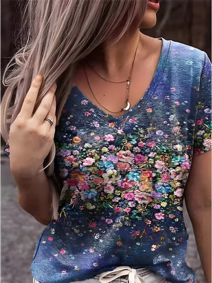 Levoire | T-shirt à col en V imprimé d'art floral Pourpre