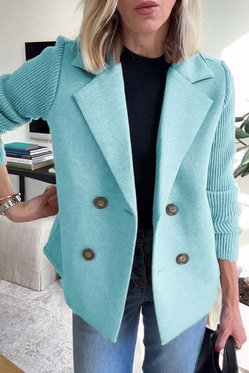 Levoire | Élégant Blazer À Carreaux Doubles Avec Manches En Tricot Pour Femmes Bleu clair