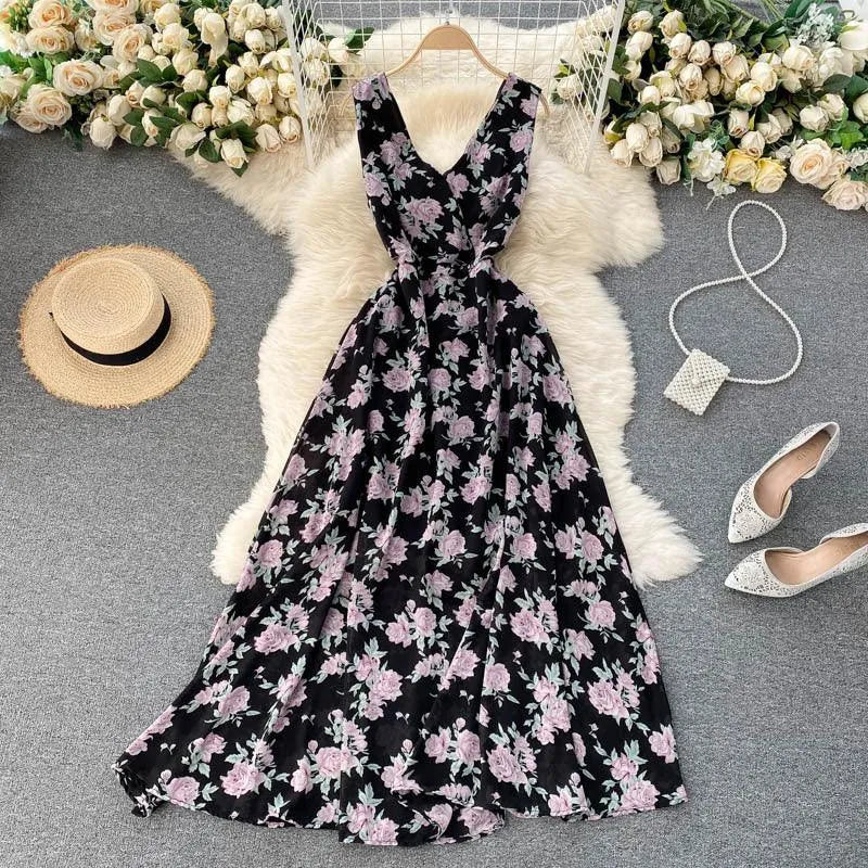 Levoire | Robe longue en sifon à fleurs avec décolleté en V Noir Une taille