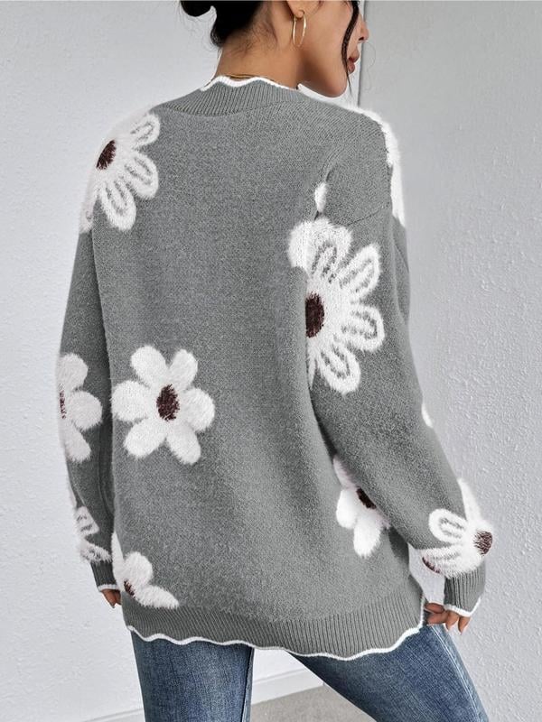Levoire | Comfortable V Neck Floral Sweater With Long Sleeves