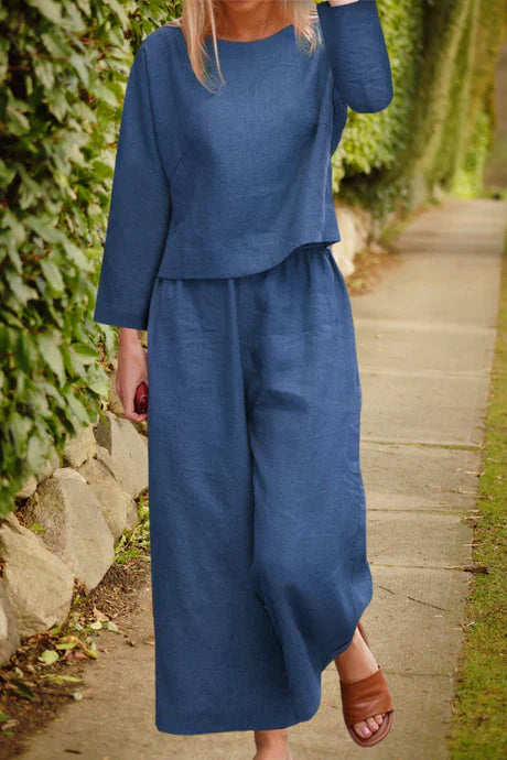 Levoire | Ensemble Lin Top Couches Pantalon Large Bleu foncé