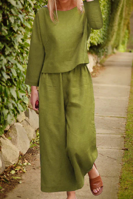 Levoire | Ensemble Lin Top Couches Pantalon Large Vert olive