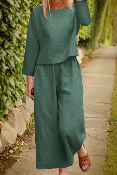 Levoire | Ensemble Lin Top Couches Pantalon Large Vert foncé