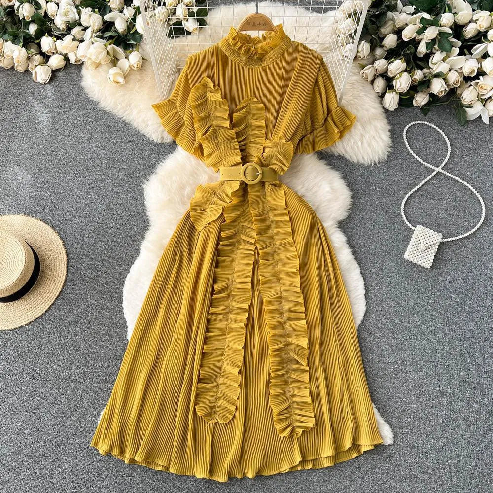 Levoire | Robe maxi à manches longues avec des volants plissés Jaune Taille libre