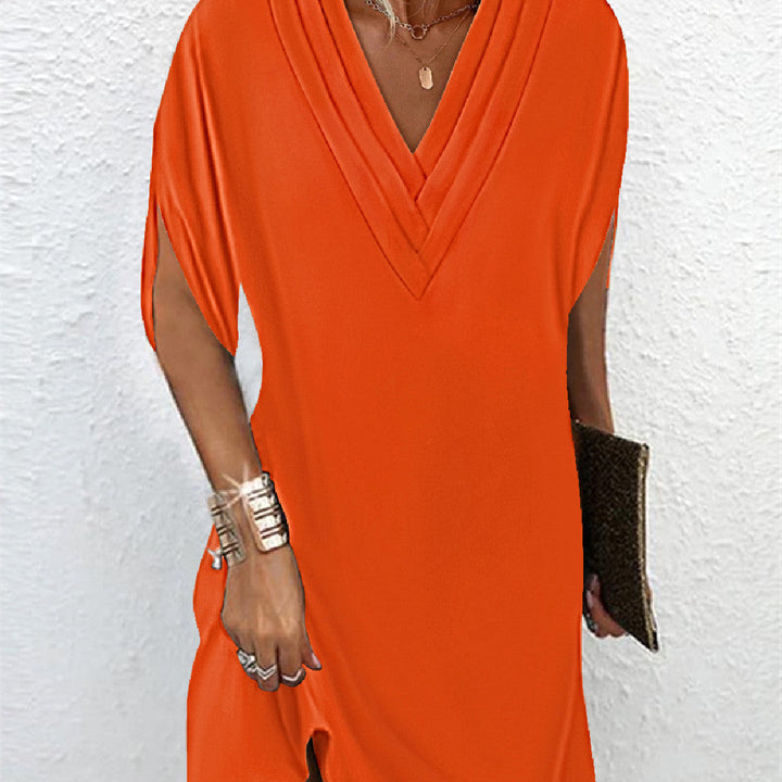 Levoire | Robe à Manches Courtes Et col En V Pour Femme - Midi Orange