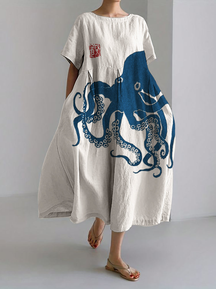 Levoire | Robe longue en lin mélangé avec motif japonais en lin Octopus Bleu