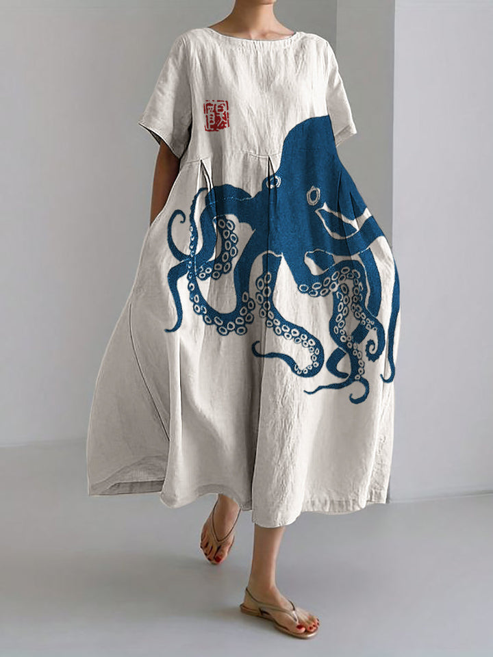 Levoire | Robe longue en lin mélangé avec motif japonais en lin Octopus Bleu