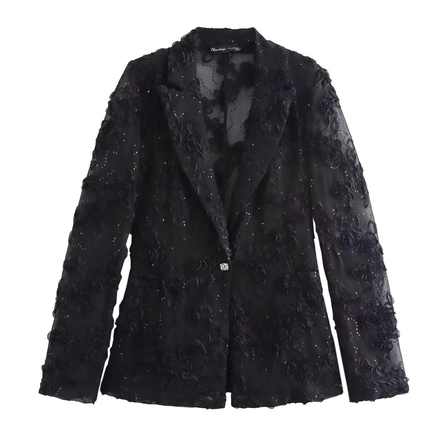 Levoire | Blazer Élégant Noir Avec Broderie De Fleurs 3D