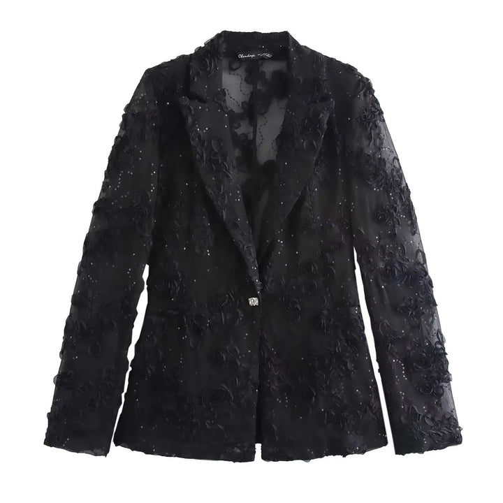 Levoire | Blazer Élégant Noir Avec Broderie De Fleurs 3D