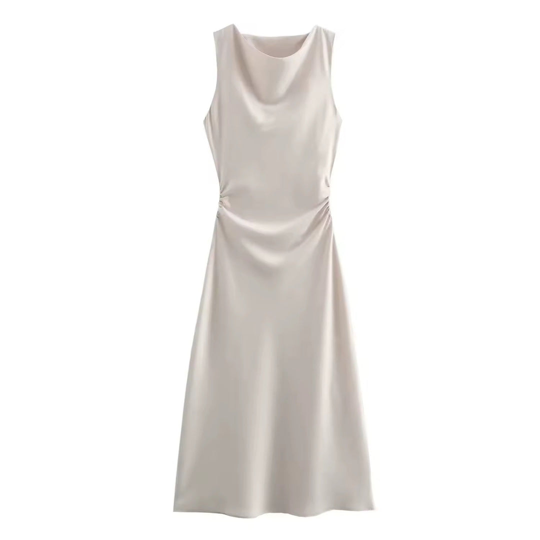 Levoire | Robe Maxi Satin Drapé Élégante Beige