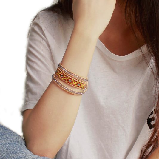 Levoire | ethnique Edyna en Cuir et Métal Rhodié et Perles de Miyuki - Livraison Offerte Jaune