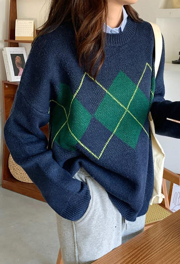 Levoire | Pull Argyle Au Style Vintage Pour Tous Les Jours Bleu Une taille