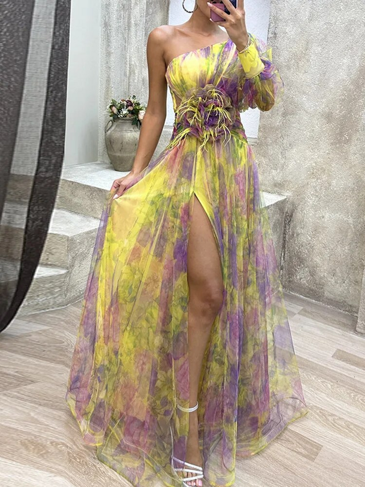 Levoire | Robe maxi asymétrique avec motif floral Robe d'été pour femmes Jaune Lilas