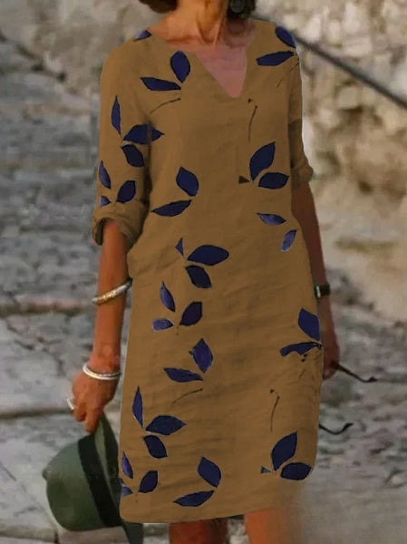 Levoire | Robe basique à demi-manches pour femmes avec imprimé floral Brun
