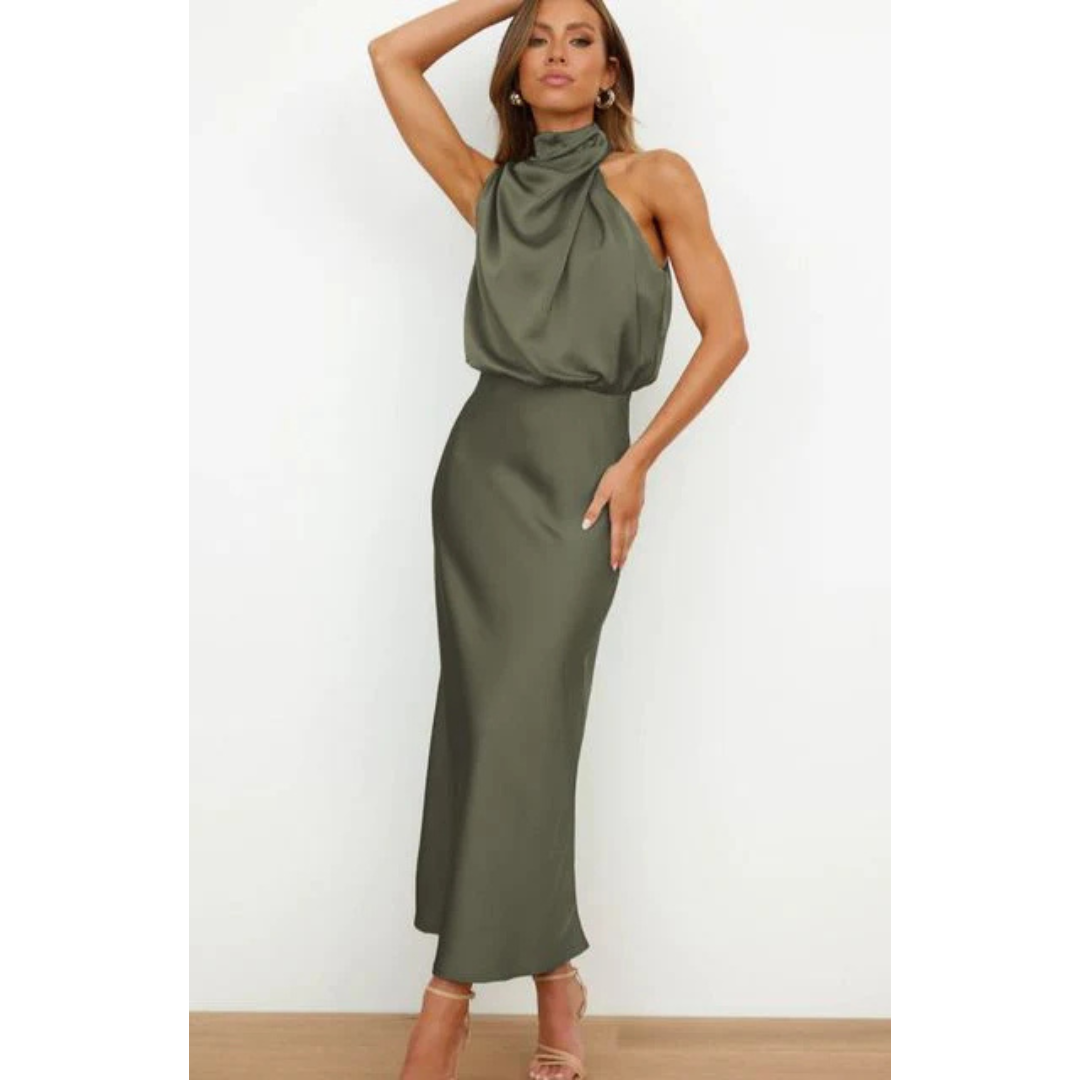 Levoire | Robe D'Invité De Mariage Sans Manches À Col Licou Pour - Femmes - Maxi Vert Armée