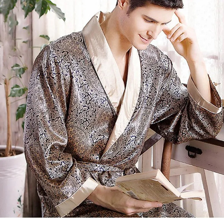 Levoire | Imprimé en or Peignoir Satin Luxe Bleu-vert Or A