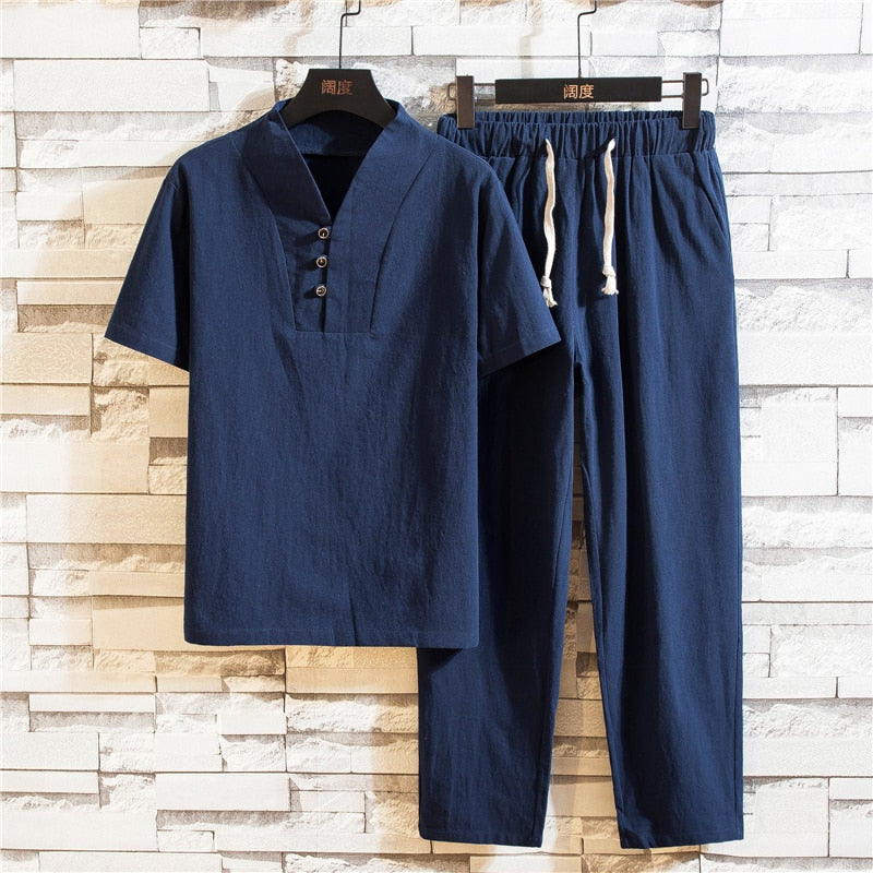 Levoire | Hommes Ensemble Lin Tendance & Tenue d'Été Pour Hommes Bleu