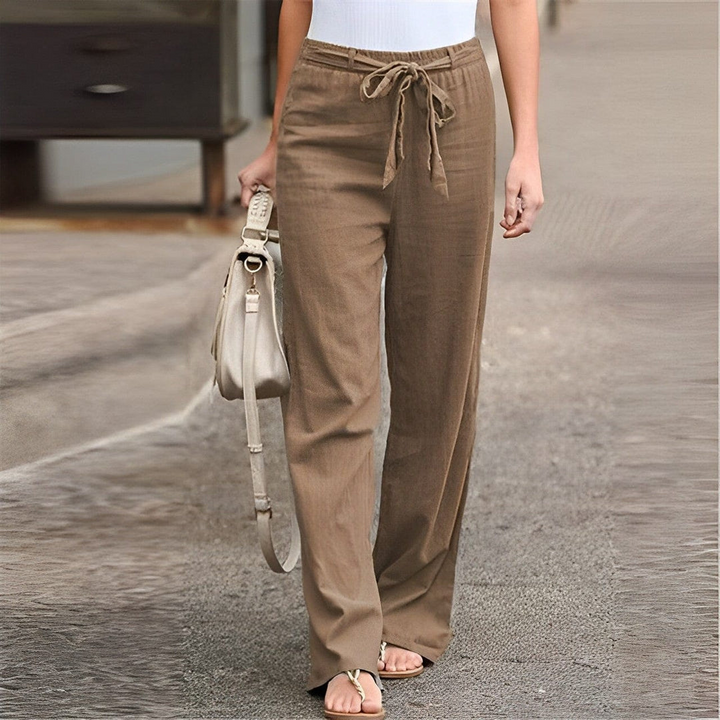 Levoire | Pantalon en lin pour femmes avec taille élastique et fermeture à nouer Khaki
