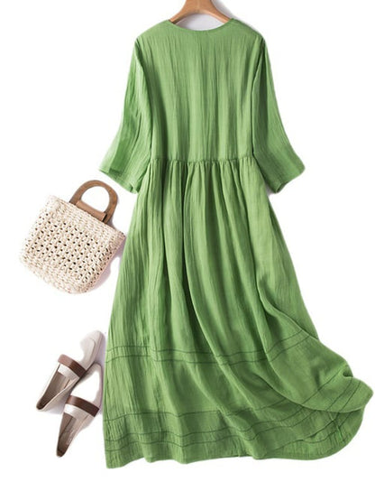 Levoire | Robe rétro littéraire pour femme, décolleté en V, unie, manches moyennes