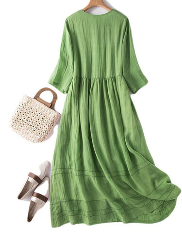 Levoire | Robe rétro littéraire pour femme, décolleté en V, unie, manches moyennes
