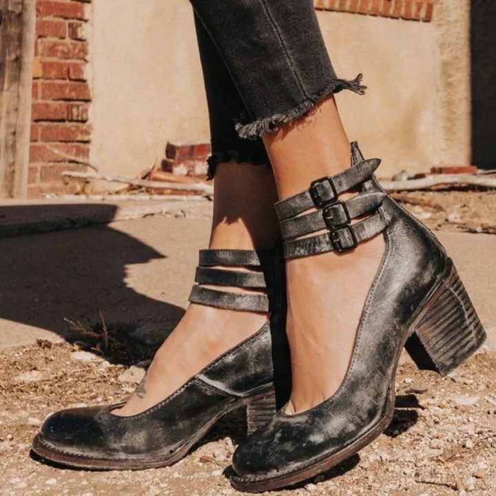 Levoire | Chaussures À Talon Bloc Vintage Marron Pour - Femmes - Double Sangle Noir